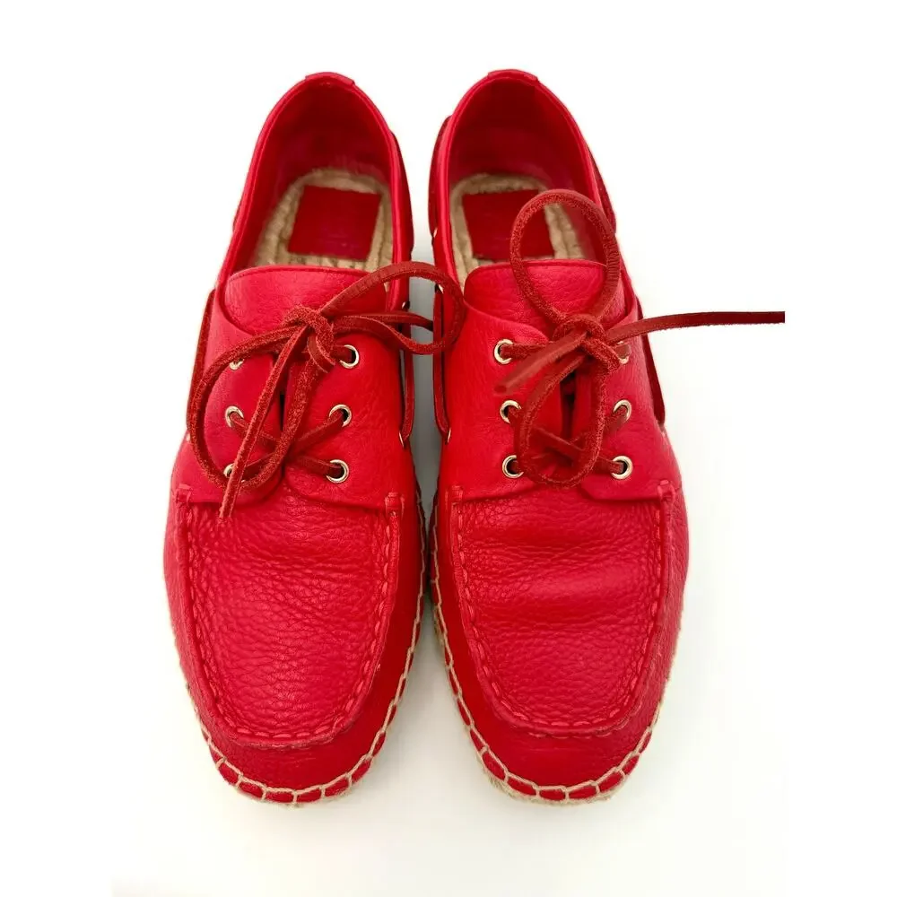 Tory Burch Skipper Boat Shoes Espadrilles Red Leather Size 9.5 Flatforms Flats